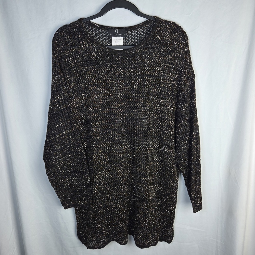 Vtg Carole Little Knitwear Open Knit Sweater Tunic Womens Medium Black Gold Glam